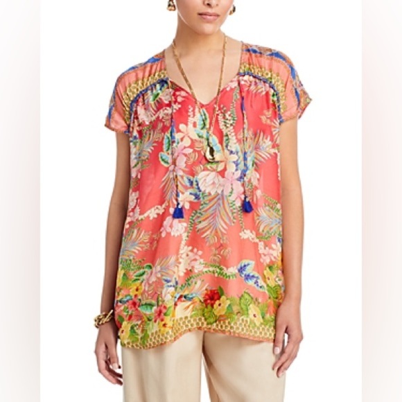 Johnny Was Tops - BNWT Johnny Was Rapsodia Arianna Tie Neck Boho Floral Silk Top Multi S $270